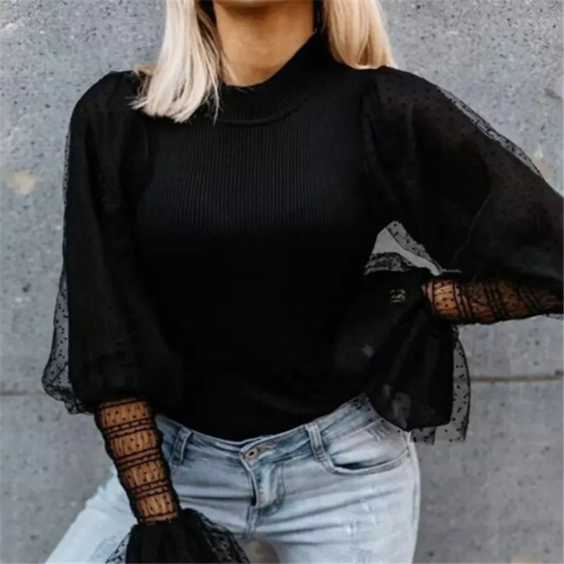 

Fashion Women Solid Knitted Top Loose Mesh Puff Sleeve Casual Long Sleeve Blouse Autumn Tops