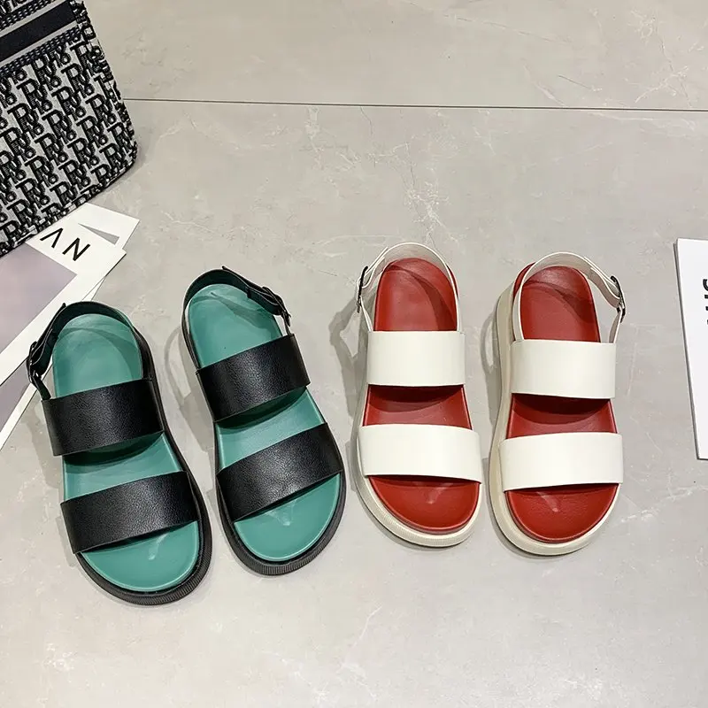 

Summer Platform Shoes Women Round Toe Buckle Beach Sandals Woman 2021 New Fashion Womens Non-slip Thick Sole PU Flat Sandal