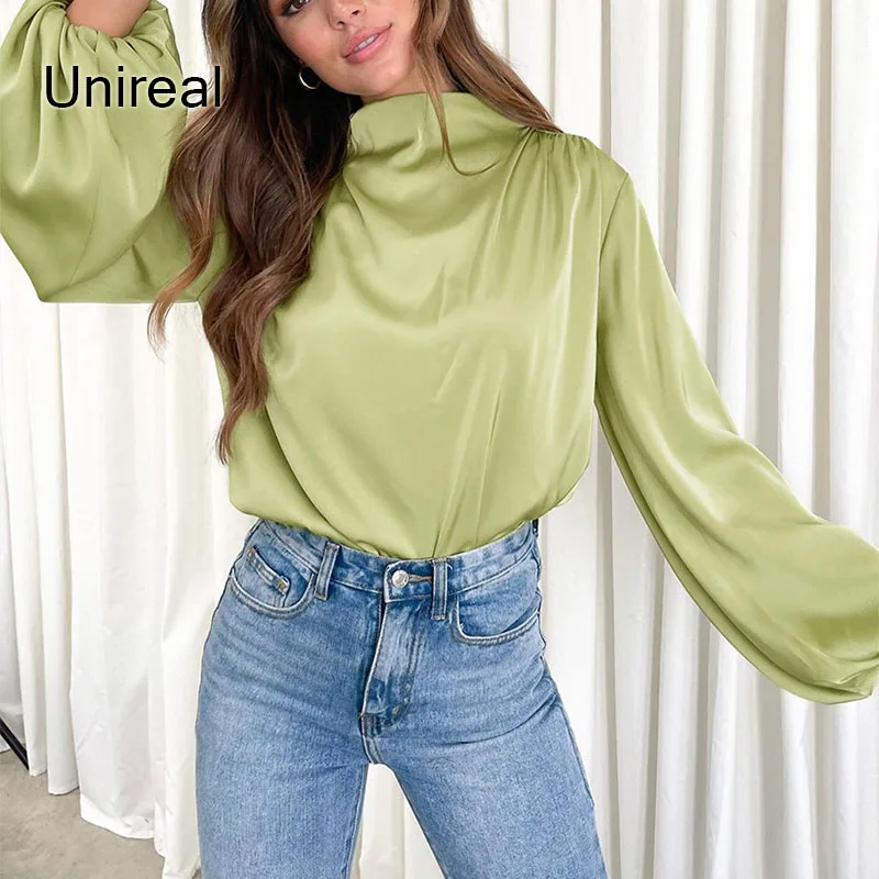 

Unireal 2022 Spring Autumn Women Satin Blouse Long Sleeve Silk Shiny Green Blouse Shirt Vintage Tops