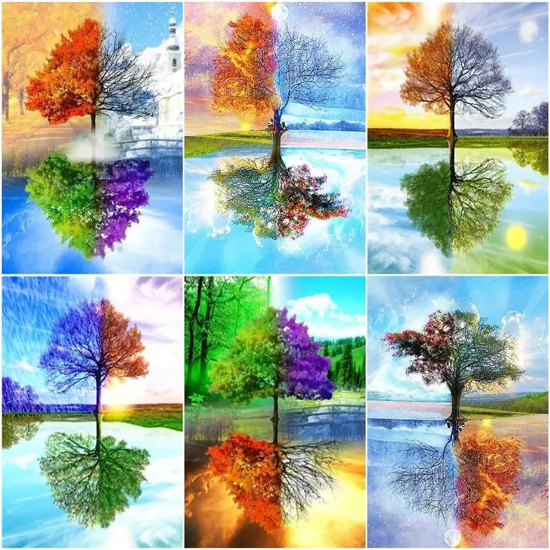 

CHENISTORY Diamond Painting Full Square/Round Four Seasons Tree Diamond Embroidery Cross Stitch Abstract Scenery Craft Kit Home