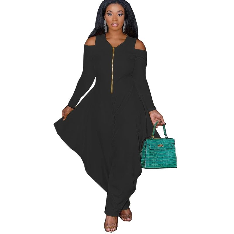Women Solid Zipper Jumpsuit Autumn Winter Long Sleeve Hollow Shoulder Zipper One Piece Overalls Irrugular Leg Rompers Casual Sui