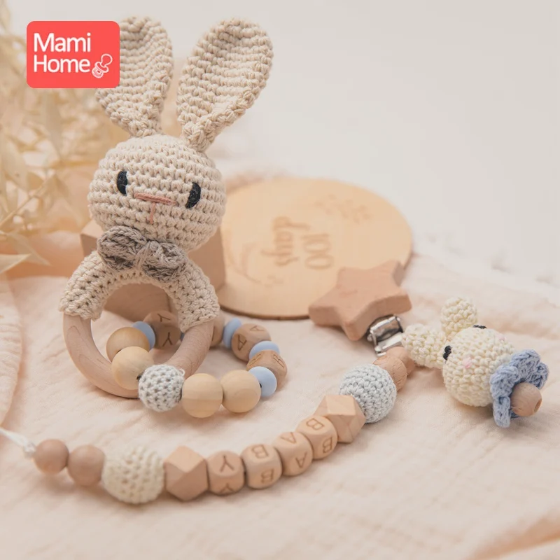 

2pcs/set Baby Wooden Rattle Toys Dummy Nipple Clip Baby Music Rattle Plush Animals Wood Rattle Ring Newborn Educational Bell Toy