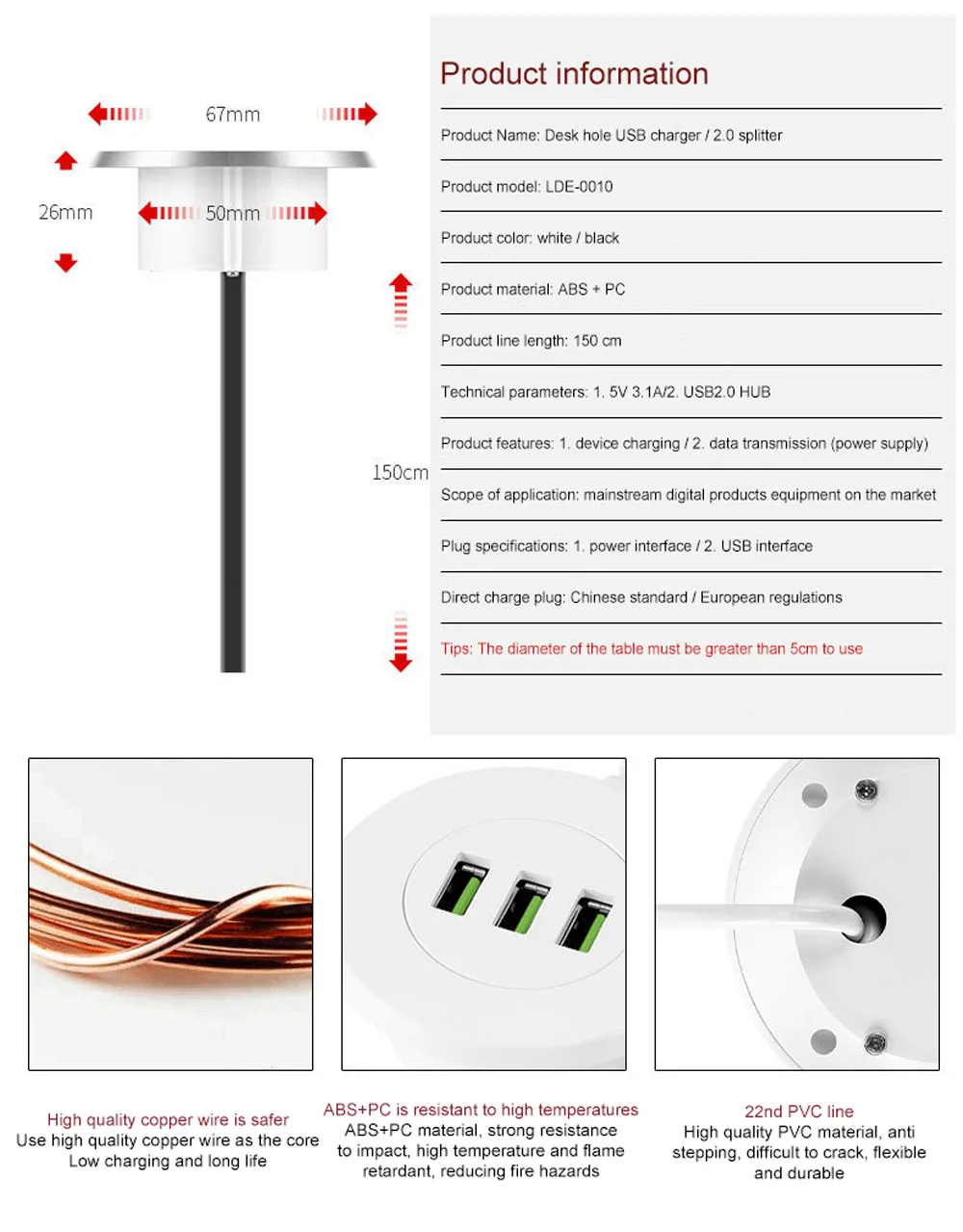 VIPATEY настольная зарядка через usb станция 5V 2A 3-Порты и разъёмы USB Зарядное устройство втулка отверстие с Мощность кабель для портативных ПК настольный компьютер