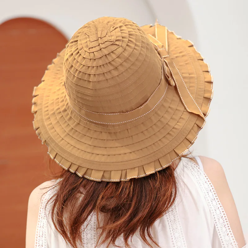Женская пляжная шляпка с бантом летняя в складку тканевыми полосками и УФ