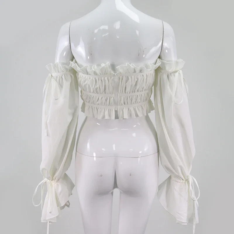 

Lolita White Shirt Women 2020 Fashion Off Shoulder Flared Long Sleeve Cropped Chiffon Blouse Elastic Pleated Top Chemisier Femme