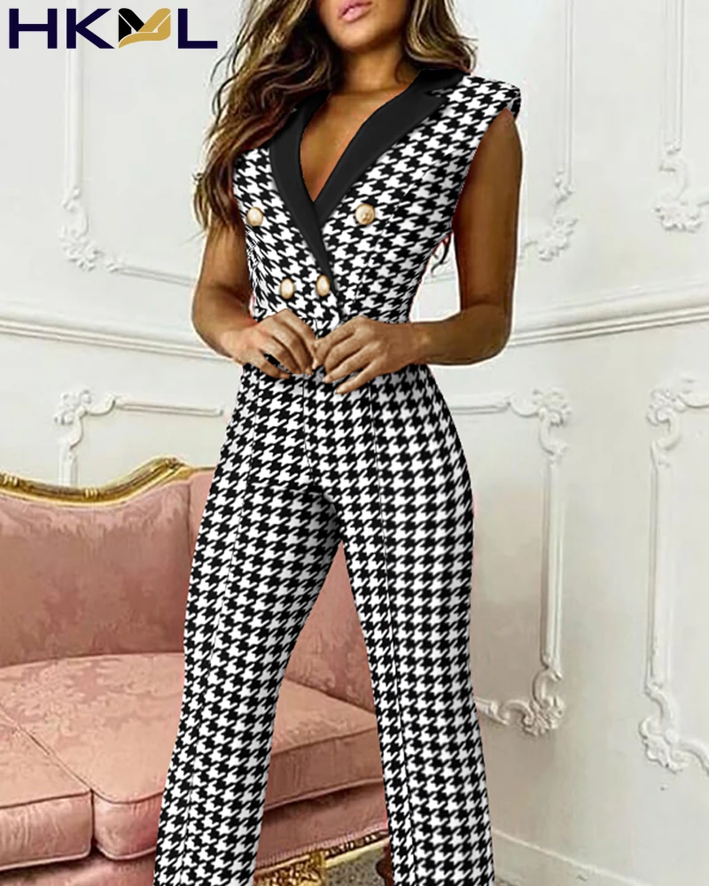 

2021 Autumn Women Jumpsuit Double Breasted Sleeveless Bodysuit Office Lady Clothing Houndstooth Print Skinny Blazer Jumpsuit