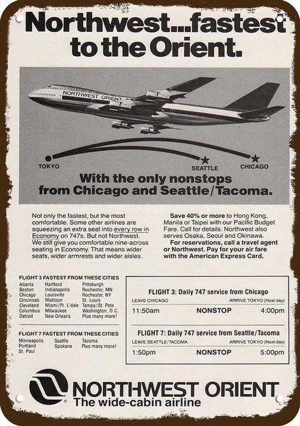 

1979 Northwest Orient Airlines Vintage Look Replica Metal Sign - 747 Jet
