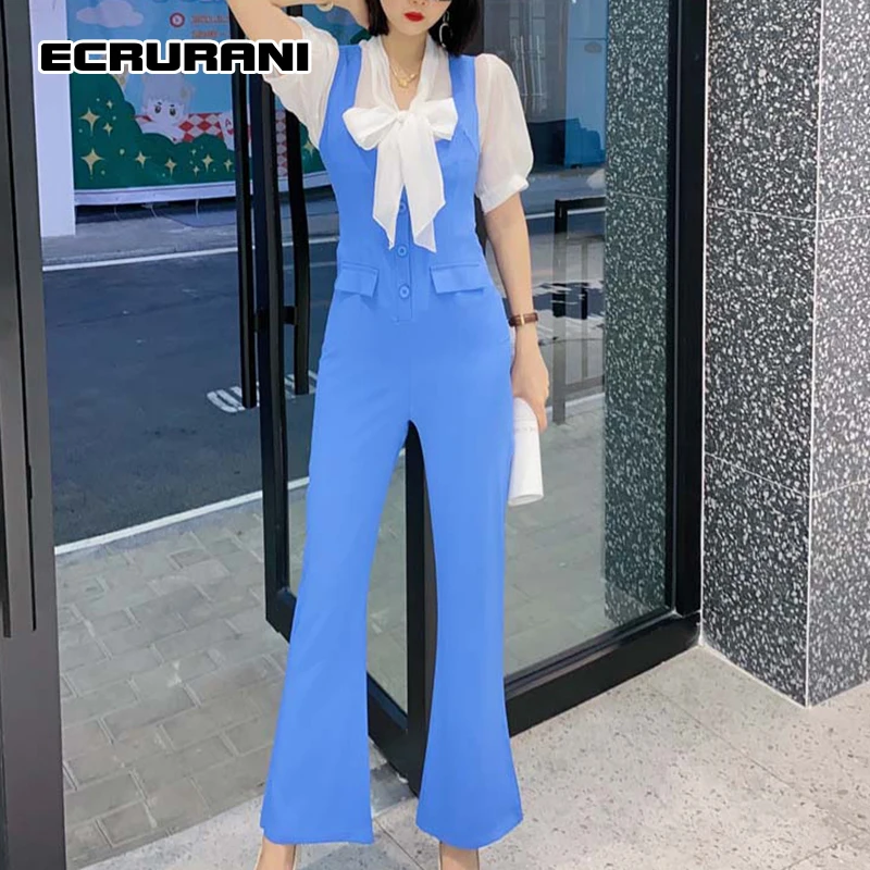 

ECRURANI Casual Two Piece Set For Women V Neck Puff Short Sleeve Bowknot Shirts High Waist Overalls Solid Sets Females 2021 Tide