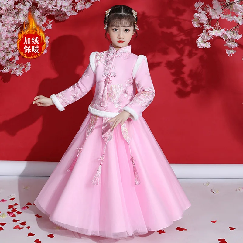 

Christmas party dress for Girls winter plus velvet Kids Dresses embroidery Chinese style Hanfu New Year's Gown children's dress