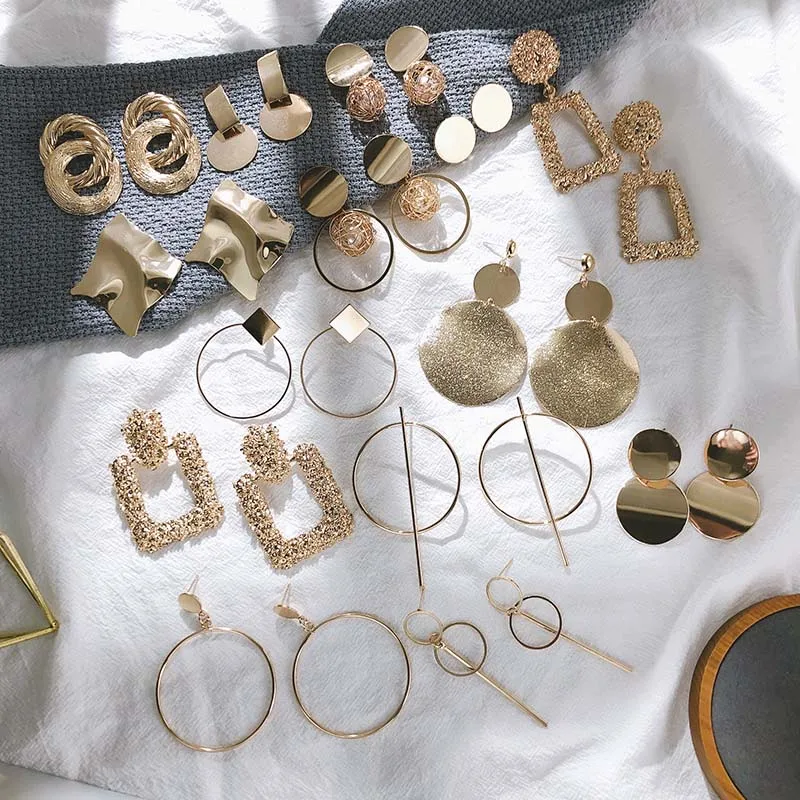 Новые модные женские большие золотые висячие серьги винтажные геометрические