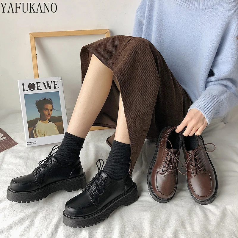 

Небольшие кожаные туфли в британском стиле, повседневные туфли на платформе, черные туфли на плоской подошве со шнуровкой, японская Униформ...