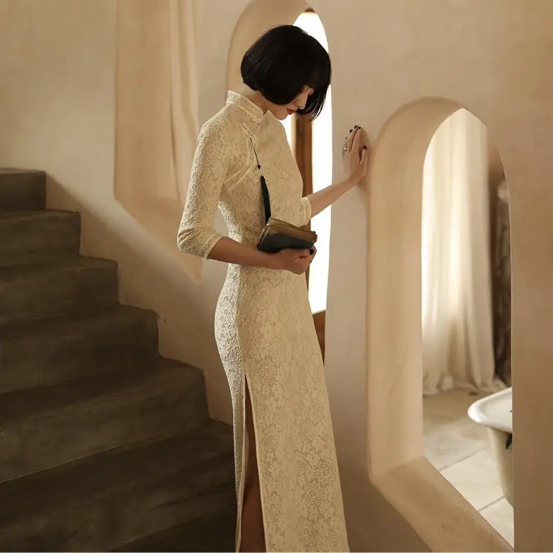 

Sexy Women Lace Embroidery Floral Chinese Dresses Big Size 3xl Retro Vintage Button Qipao Slim Mandarin Collar Cheongsams