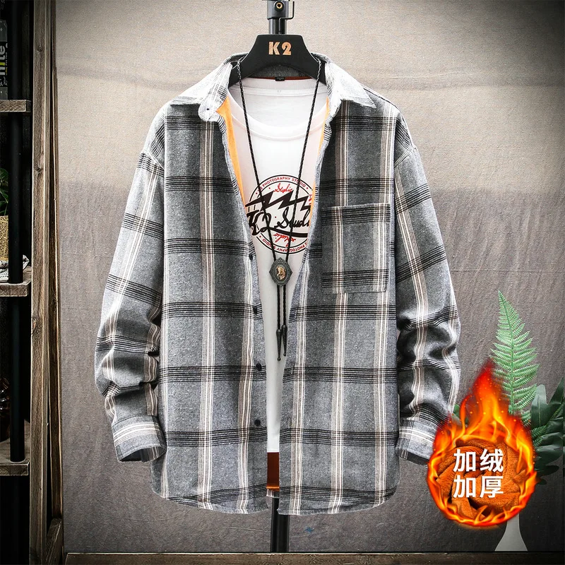 

Thicken Loose Men Shirt Lattice Vintage Black Casual Shirt Men Camicia Uomo Korean Student Mens Shirt Coat Oversized MM60NCS