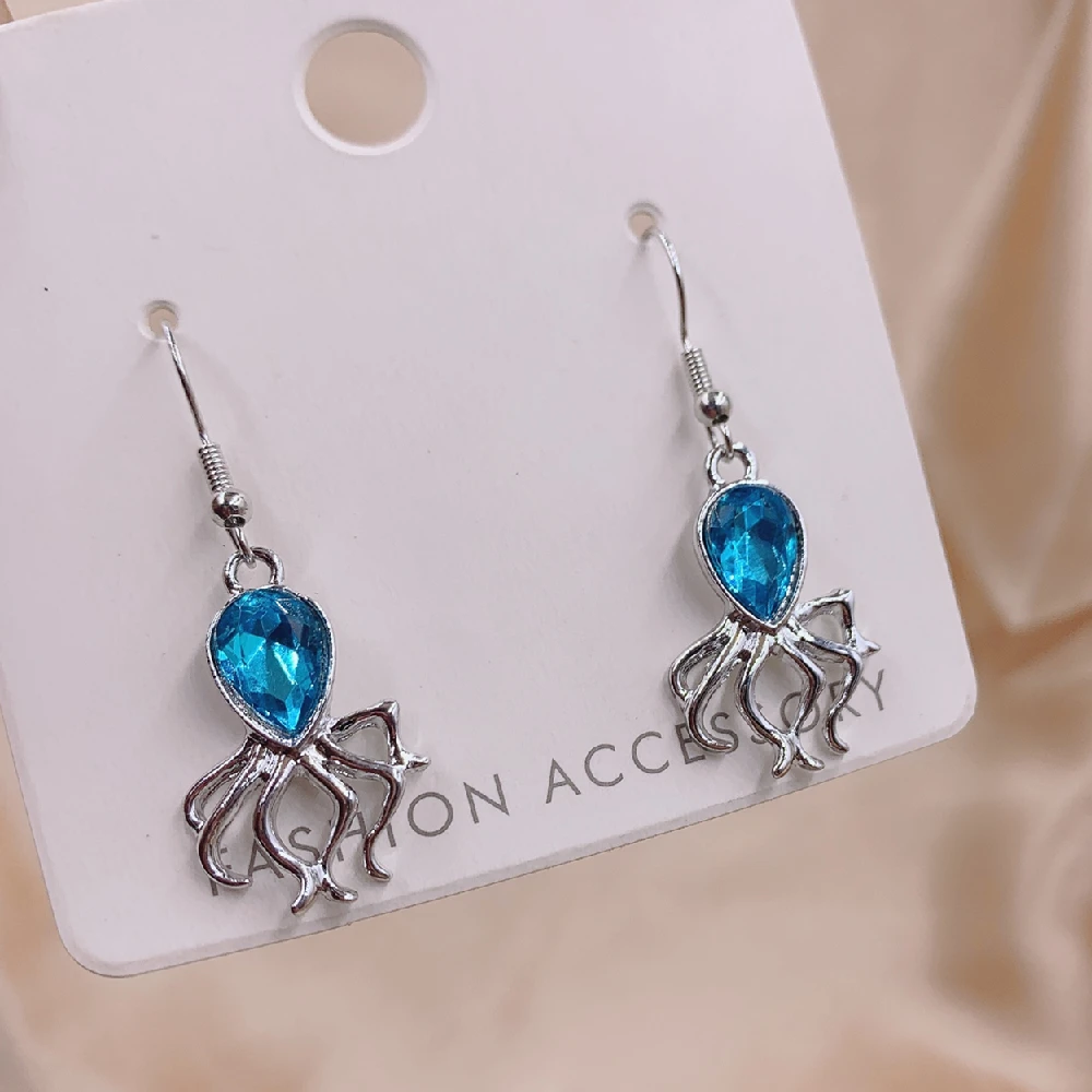 Модные простые серьги-подвески в виде осьминога с кристаллами и камнями для