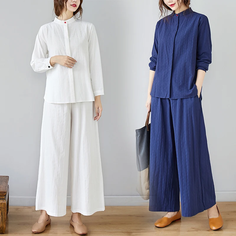 

#0512 Cotton Linen Two Piece Set Top And Pants Wide Leg Waist Elastic Blue White Top Spring Summer China Style Blousers Trousers