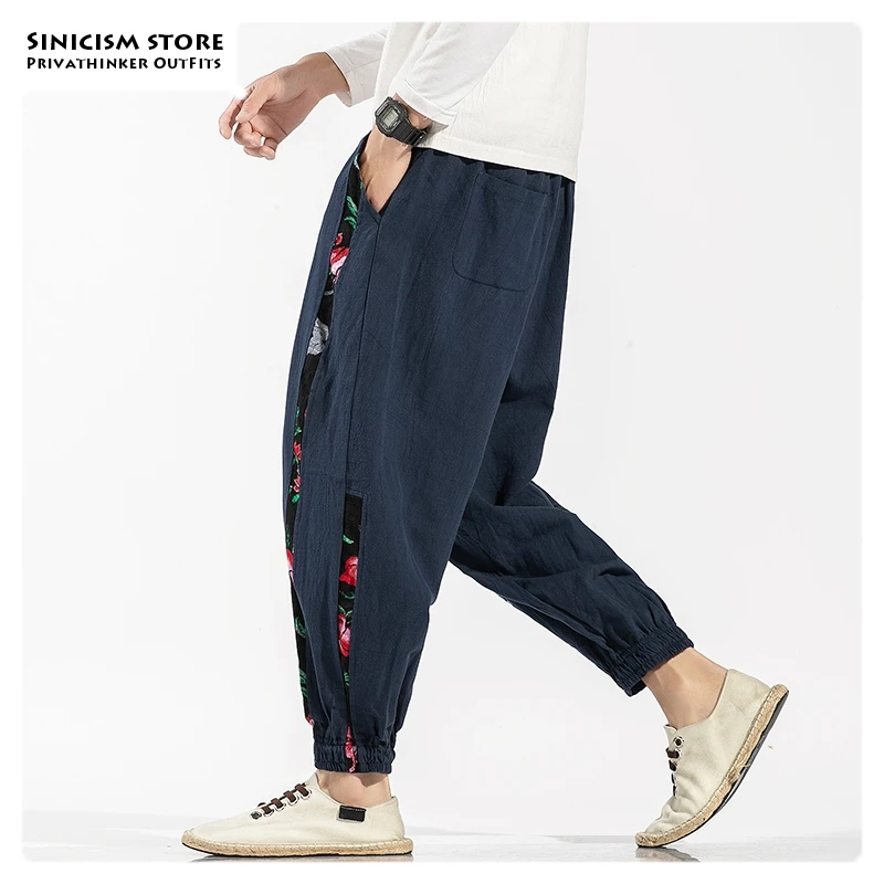 Sinicism Store Мужские штаны-шаровары в китайском стиле длиной до щиколотки мужские свободные черные брюки больших размеров мужские осенние хлопковые льняные брюки
