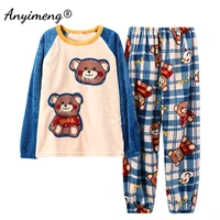 kawaii pajamas set for women winter new cute bear embroidary pajama for young lady chic preppy style loungewear for teen girls