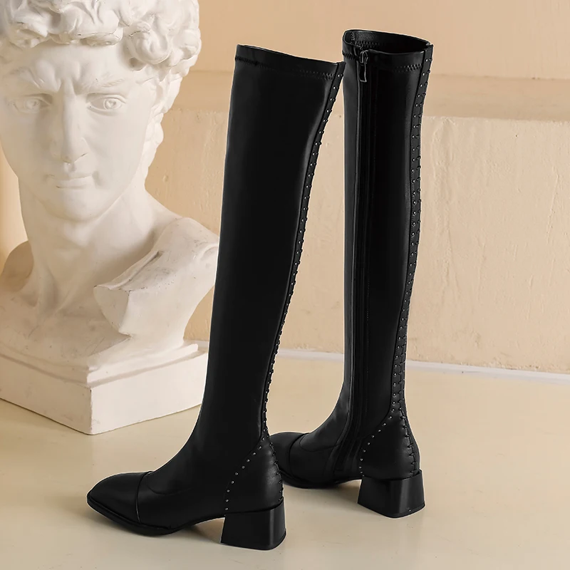 

Black Genuine Leather Women Silm Over The Knee High Boots Winter Riding Boots Zipper Stretch rivets Boots Party Shoes Woman