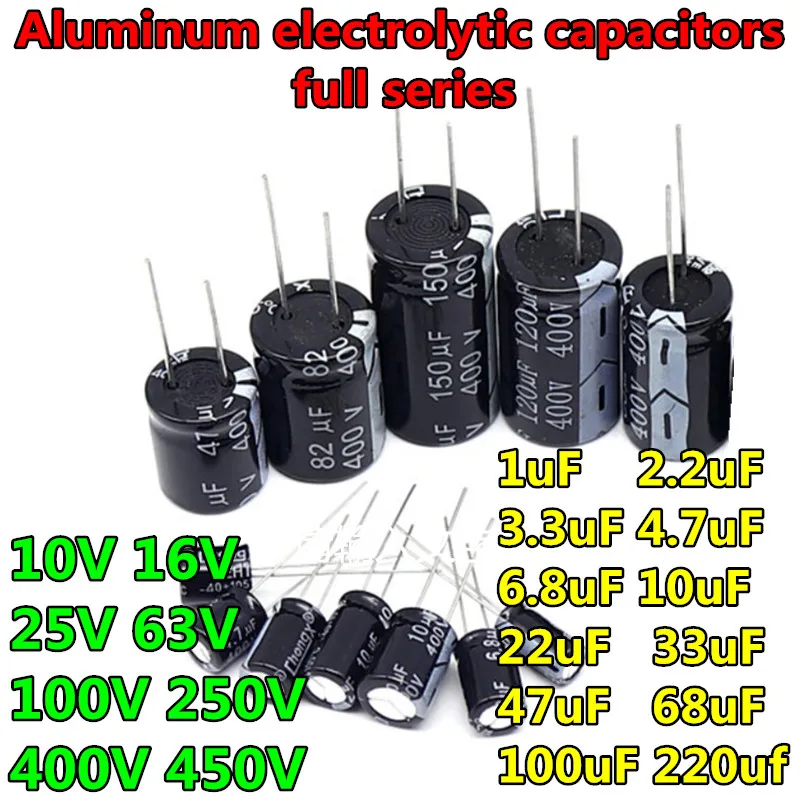 20pcs 10V 16V 25V 63V 100V 250V 400V 450V Aluminum capacitor  1uF 2.2uF 3.3uF 4.7uF 6.8uF 10uF 22uF 33uF 47uF 68uF 100uF 220uf