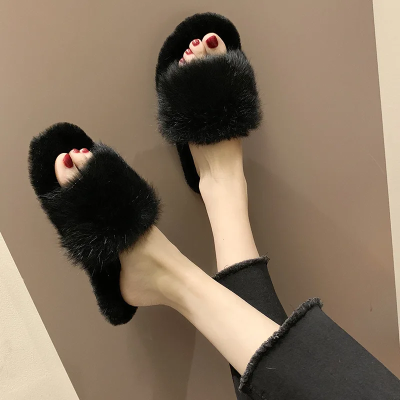 

2020 Winter New Trend Lazy Indoor Slippers Women Soft Rabbit Fur Candy Color Shoes Casual Simple Comfortable Warm Lady Slippers