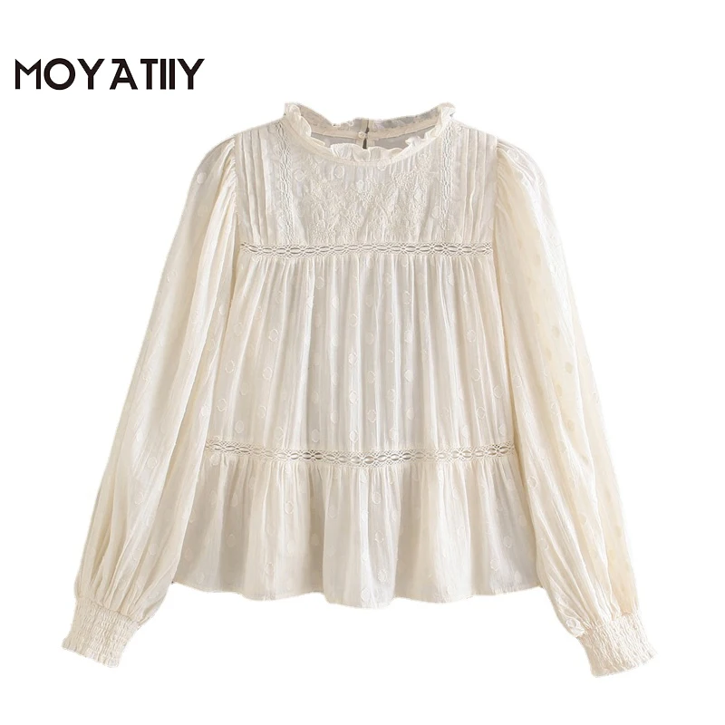 

MOYATIIY Women 2022 Fashion Embroidery Beige Cotton Blouse Romantic Ruffle Oversize Blouse Shirts Lartern Sleeve Female Tops