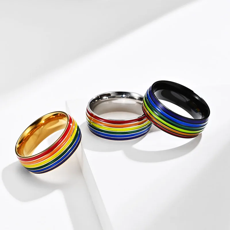 Fashion Multicolor Rainbow Ring For Women Men Lgbt Lebian Gay Jewelry Stainless Steel Enamel Wedding Engagement Rings Gifts