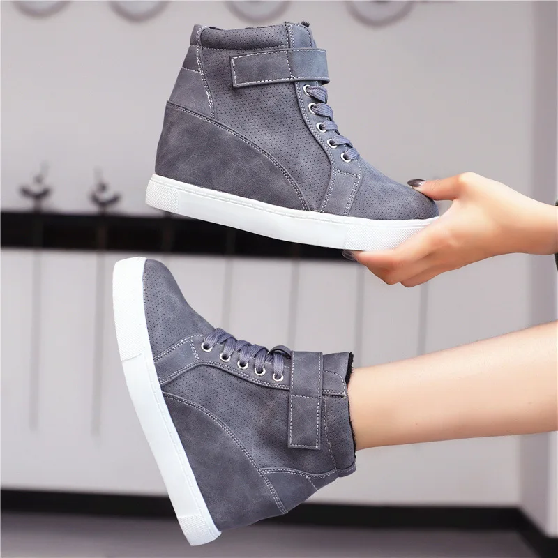 

Autumn Winter Women Chunky Ankle Boots Ladies Warm lace up Solid Increase Wedges Short Boots Plus size 35-42 Canvas Casual Shoes