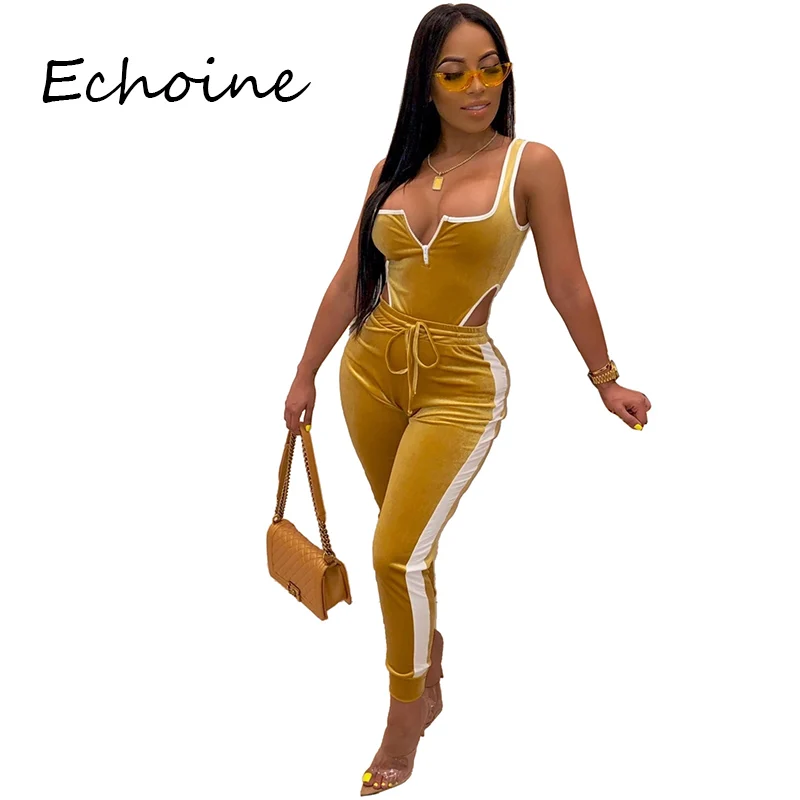 Повседневный комплект из двух предметов золотистый бархатный боди в полоску по