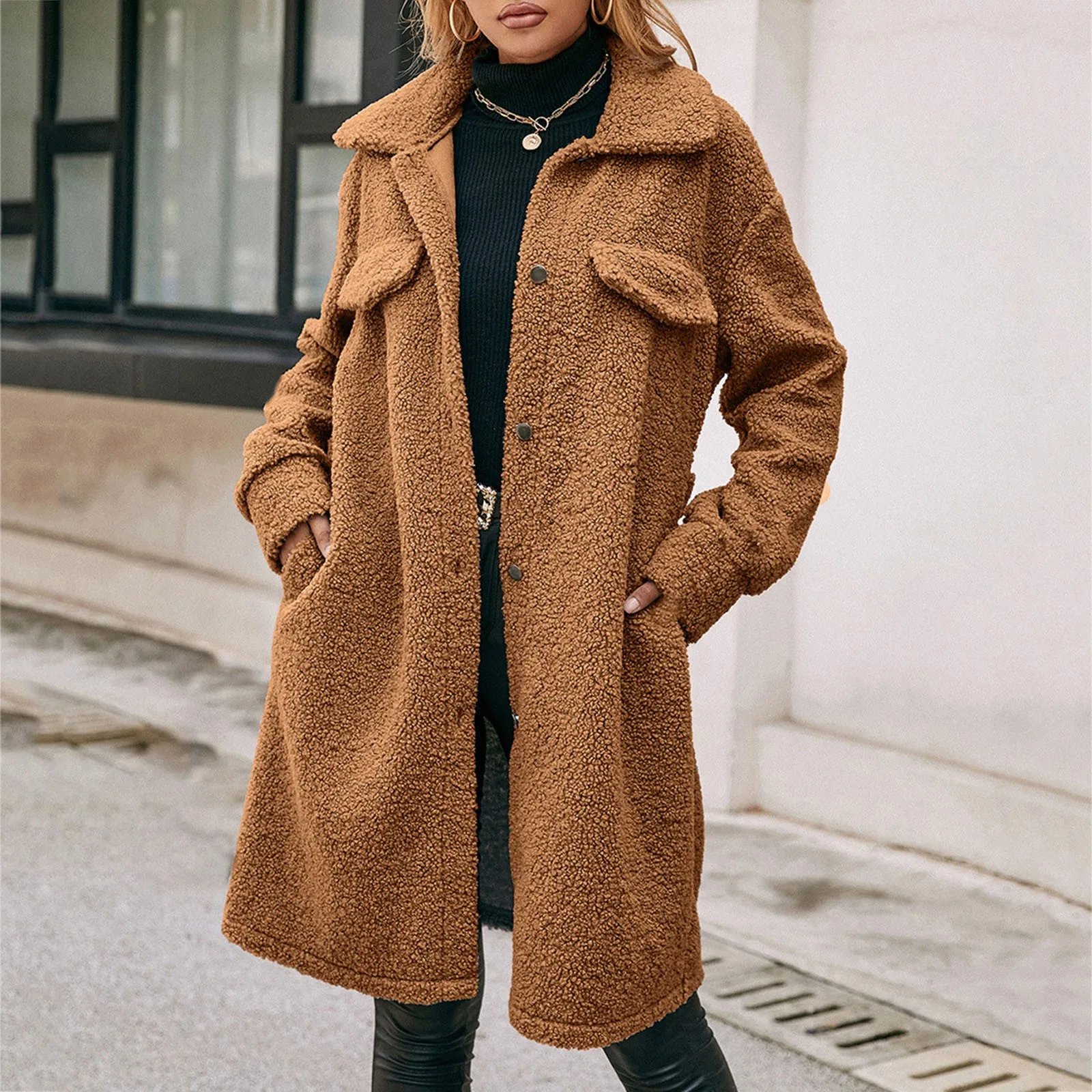 

Женская флисовая куртка с длинным рукавом, с карманами на пуговицах