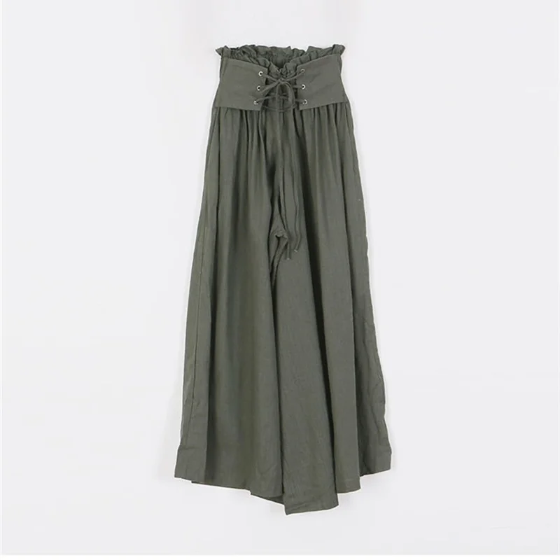 

REALEFT Cotton and Linen Women's Pants Bandage High Waist Wide Leg Trousers Bohemian Loose Ankle-lengh Pants Female New 2020