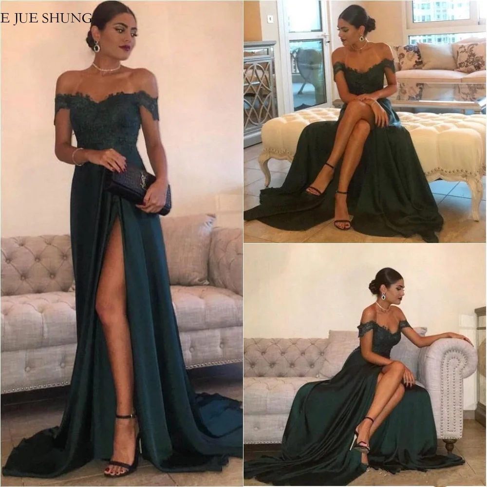 

E JUE SHUNG Hunt Green Lace Long Sexy Evening Dresses Side Slit Off the Shoulder Formal Evening Gowns