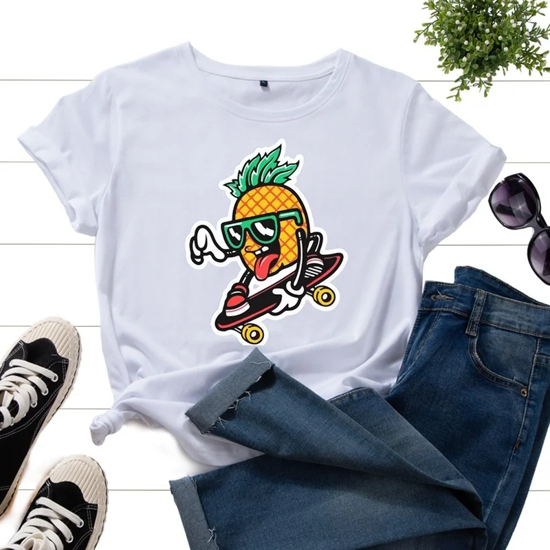 

Women Short Sleeve Casual Summer T-Shirt Pineapple Chute Board Print Female Fashion Graphic T Shirt Ladies O-Neck Tee Tops