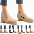 Сандалии женские в стиле ретро, соломенные босоножки с пеньковой веревкой, льняная обувь на танкетке, с круглым носком, повседневные туфли, элегантные сандалии с закрытым носком