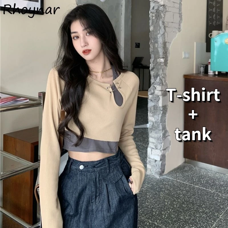 

Sets Women T-shirts and Tanks Asymmetrical Pin Design Slim Streetwear Ulzzang Chic Schoolgirls BF Ins Solid Trendy Simple Newest