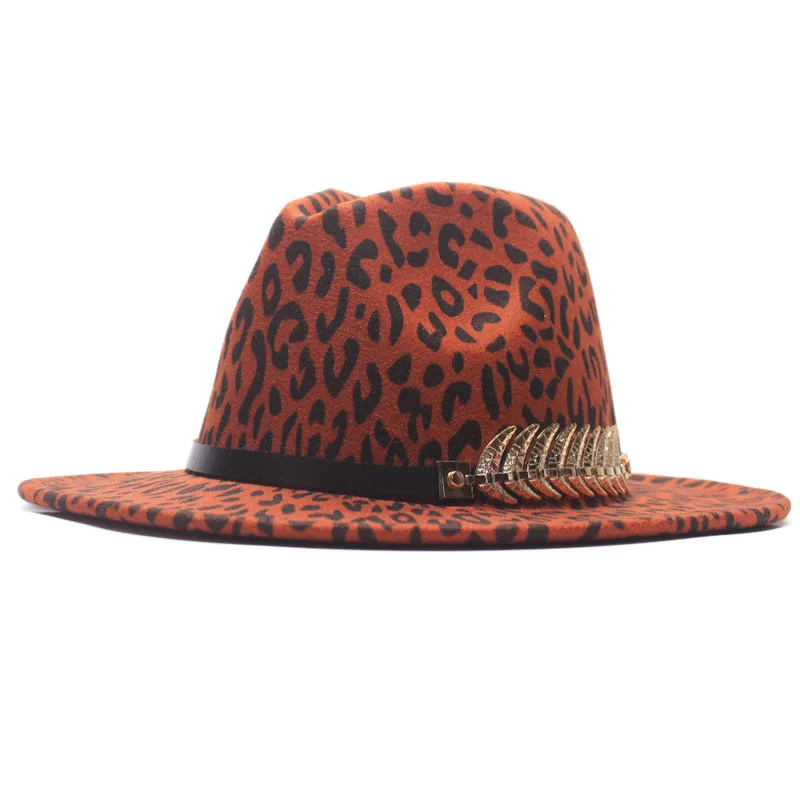 Winter Panama Leopard print Hat Women Elegant Felt Caps Male Vintage Trilby Hat Wide Brim Fedora CAPS with Belt Chapeau Homme Fe
