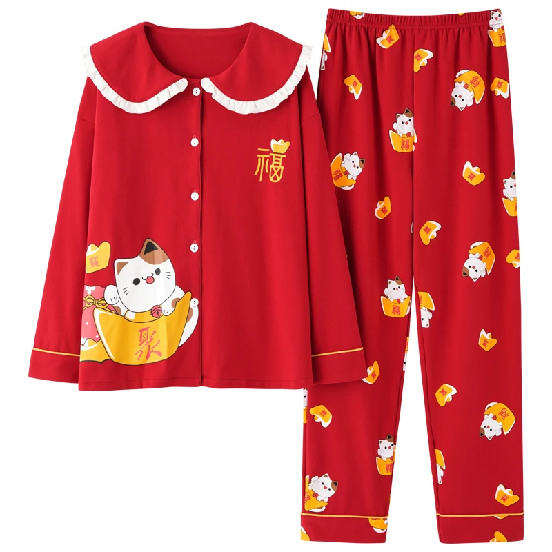 

Winter Pajamas For Couple Cotton Casual Cardigan Male Pajamas Kawaii Lucky Cat Women New Year Nightwear Loose Couple Sleepwear