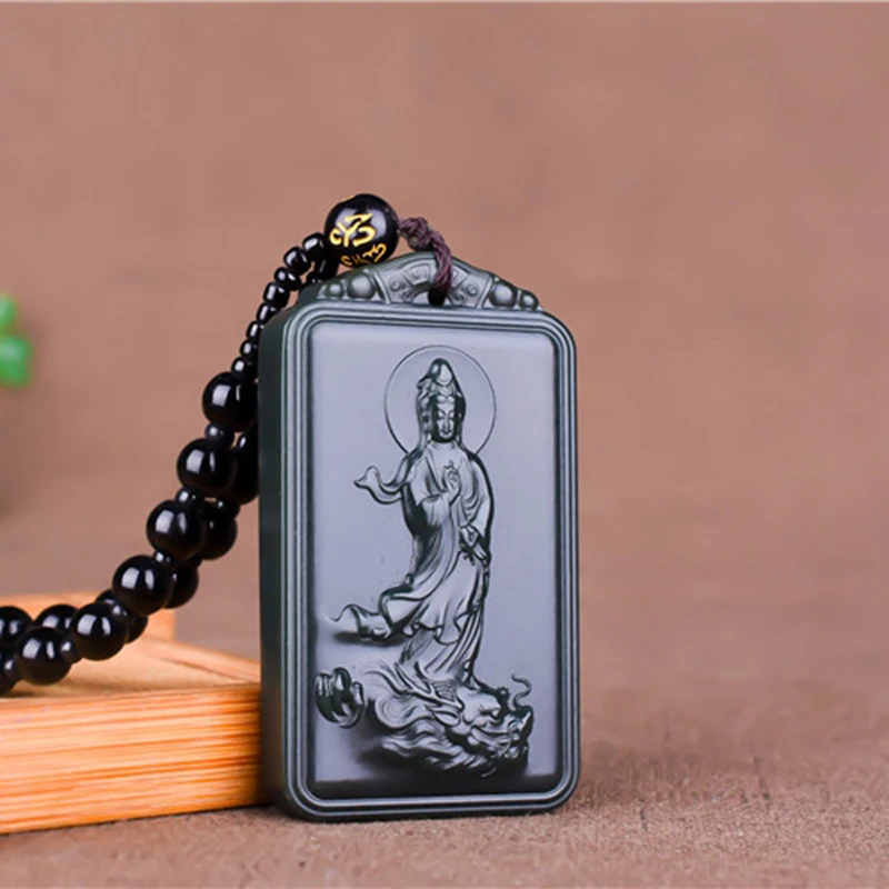 

Natural Dark Green Pendant Guanyin Dragon Wealth God Necklace Men Women Jade Jewelry