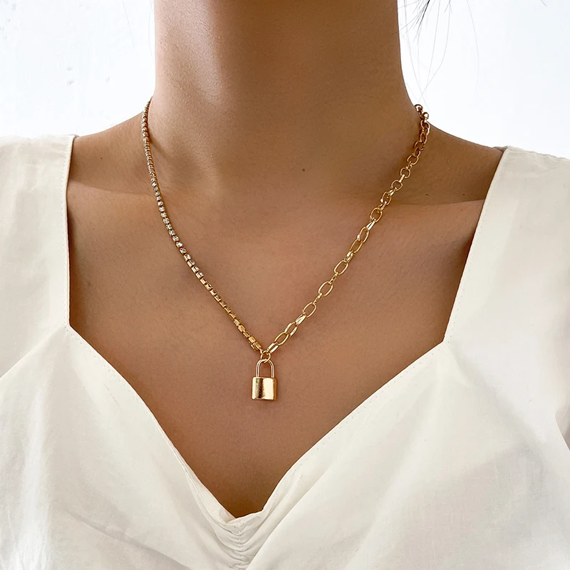 

Aprilwell Gothic long Chain Necklace For Women Aesthetic Layered Gold Lock Pendant Collier Femme 2021 Jewelry Sets Gift EGirl