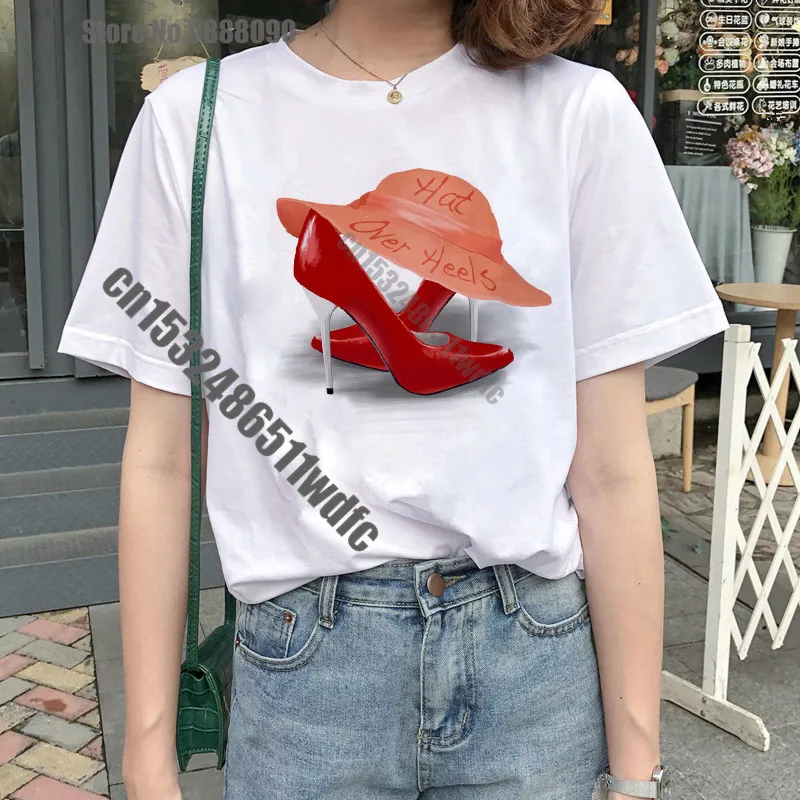 

2020 Pink High Heel tshirt Lady Luxury Make Up Paris Style tshirt Women Fashion Short sleeve Tops tee Girl Hipster T-Shirts gift
