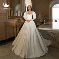 aedmgh satin wedding dresses 2021 sweetheart lantern sleeve vestido de novia a line chapel train beading pearls bridal gowns