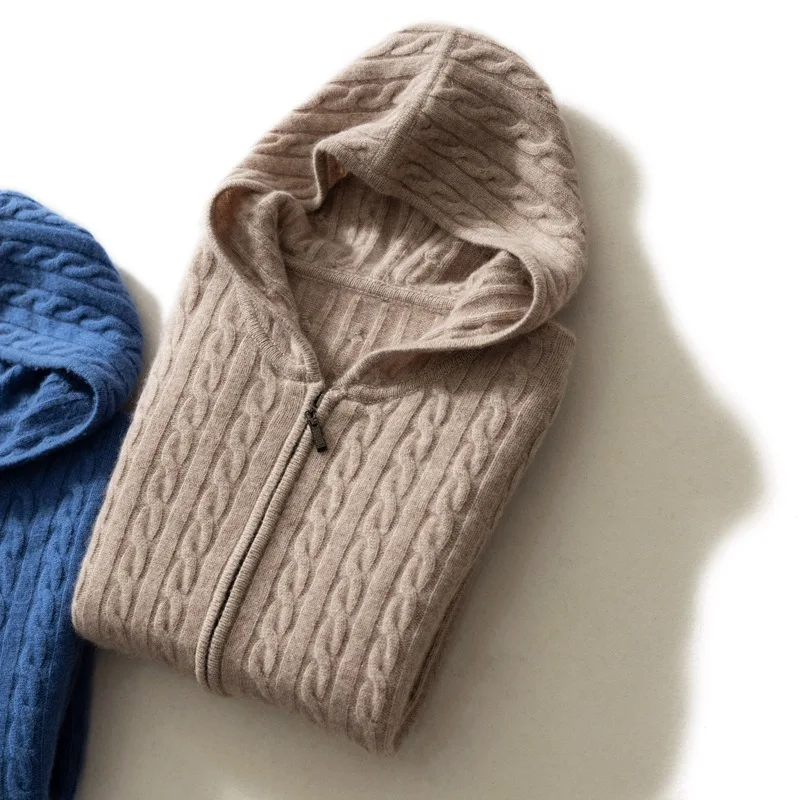 

2021 Spring Winter Men's Cashmere Sweater Hooded Thickened Knitted Cardigan Long Sleeve Casual Outerwear Smart Casual