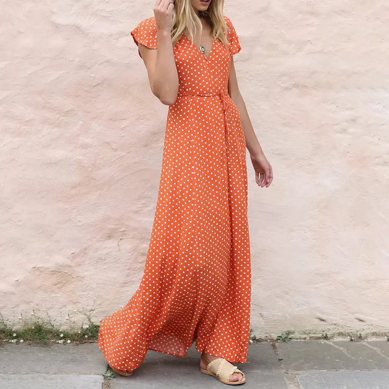 Богемное длинное женское платье в горошек с v-образным вырезом на шнуровке