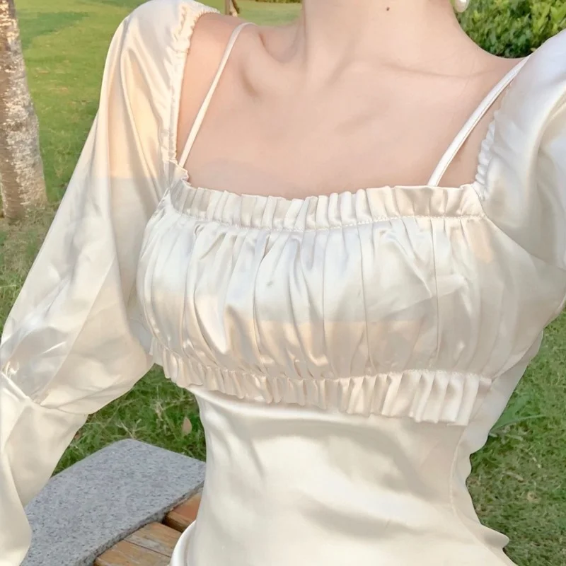 

Sexy Solid Strap Dress Women Designer Temperament Off Shoulder Fishtail Dress Female Sweet Lace-up Party Fairy Dress Summer 2021