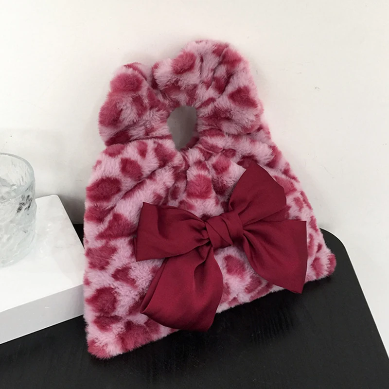 

Winter Fashion Cute Plush Small Bags Women Fluffy Top-handle Bag Tote Fashion Female Bowknot Handbags Purse