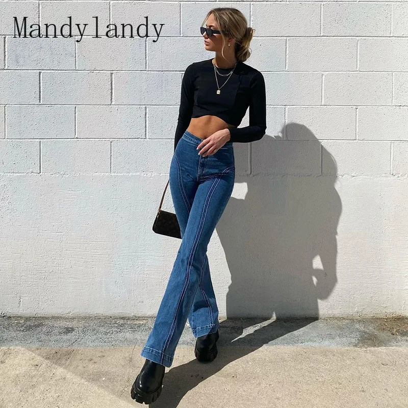 

Mandylandy Women Vintage Jeans Lady Skinny Mid Waist Stripe Long Wide Leg Denim Pants Female Sexy Straight Flare Trousers
