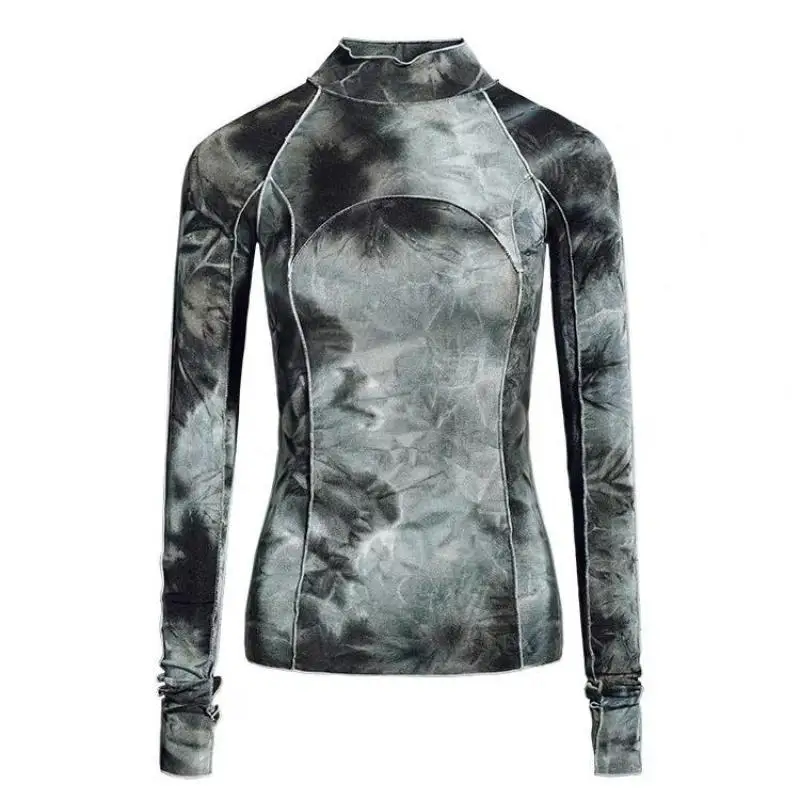 

Yedinas Gradient Tie Dye T-shirts Women Y2k Turtleneck Slim Long Sleeve T Shirt Punk Style E Girl Chic Fashion Aesthetic Tops