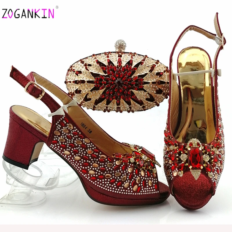 

Wine Color High Quality African Woman Sandals Shoes With Purse Set Mature High Heels Shoes And Bag Set For Wedding Party