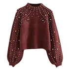 Женский свитер с длинными рукавами-фонариками и бусинами, Толстый Пуловер с круглым вырезом, зимние вязаные Джемперы, #38