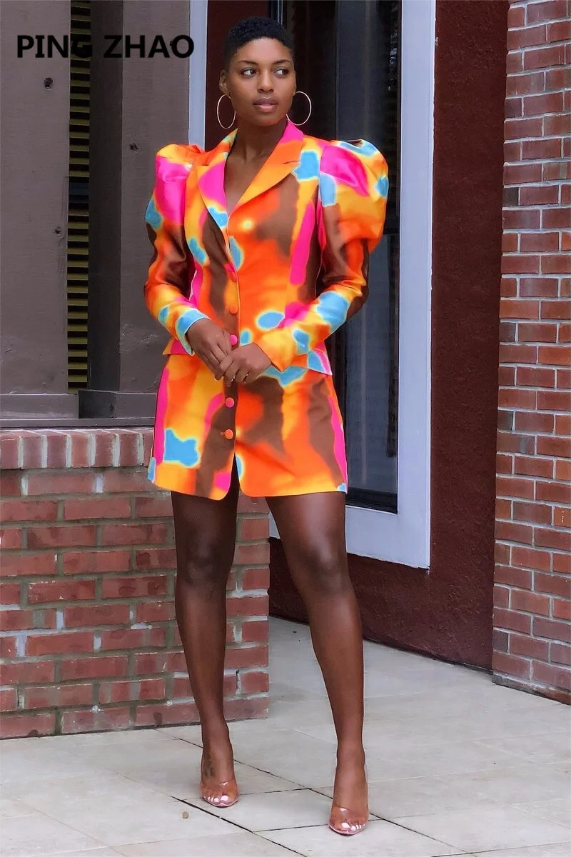 

PING ZHAO Women Tie Dye Print Puff Sleeve Notched Lapel Blazer Dress Elegant Office Lady Mini Dress