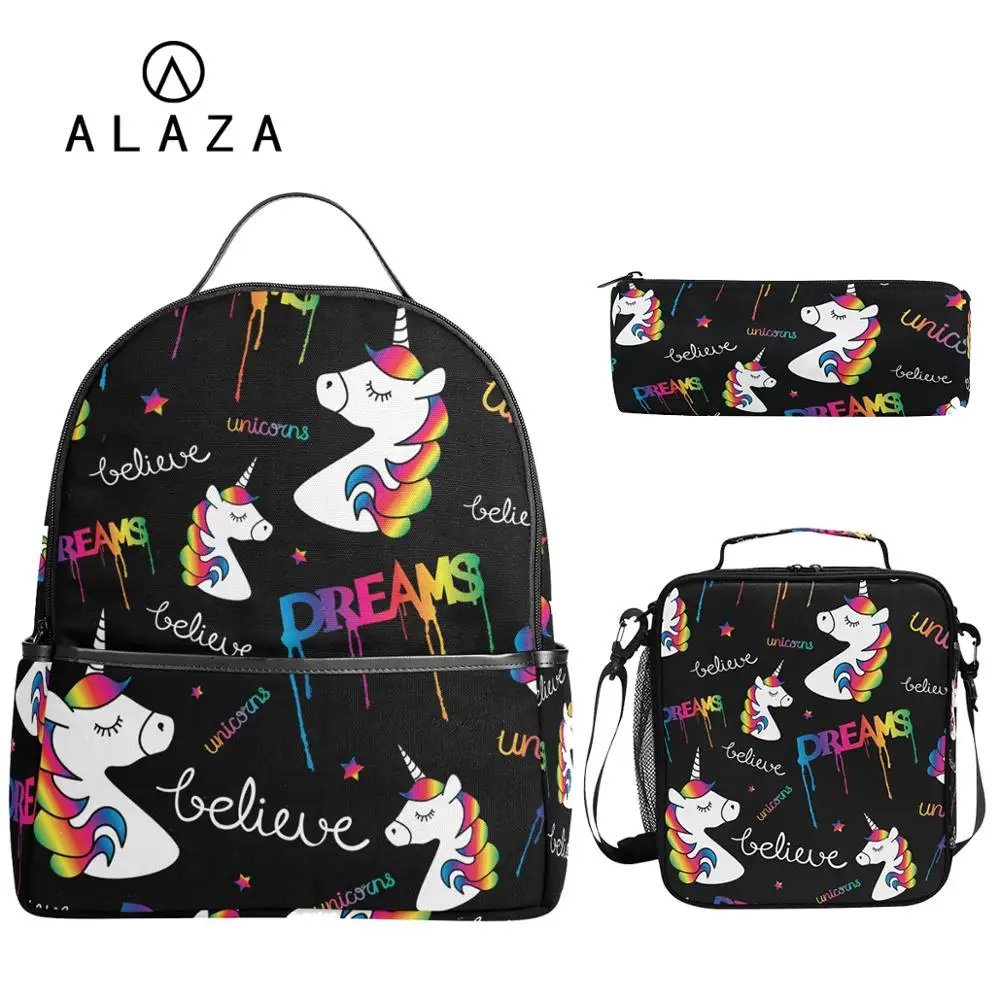 Набор школьных сумок для девочек и мальчиков ALAZA, черный Детский рюкзак с единорогом для учеников, сумки для книг и кара�
